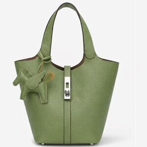 Vegan Leather Green Tote Bag with removable Unicorn similar style to Hermes